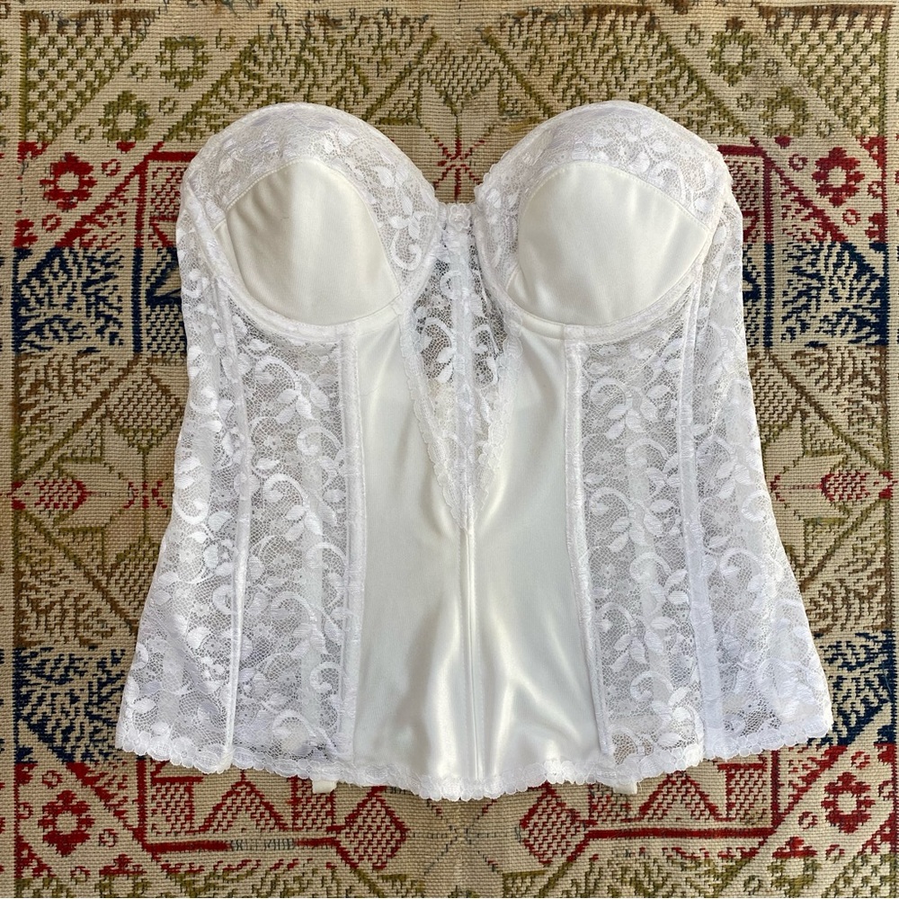 Vintage White Lace Bustier Longline Corset 80s Lingerie Boning 36B